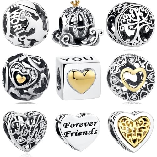 925 Sterling Silver European Cinderella Pumpkin Carriage Charm Gold Crown Beads Fit Original Charm Bracelet DIY Jewelry