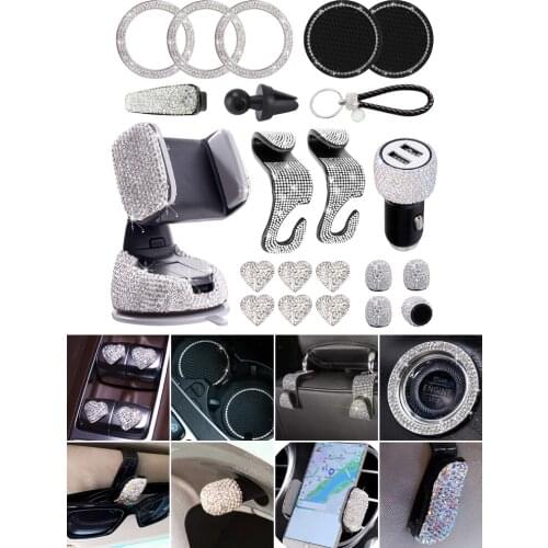 Car Accessories for Women Rhinestone Kit 21PCS Bling Dual USB Car Charger Phone Mount Tire Valve Cap Glass Cup Pad Backseat Hook