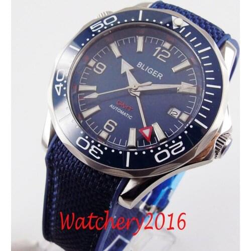 BLIGER 41mm Blue Dial Ceramic Rotating bezel Sapphire Crystal GMT Auto Date Luminous Mens Watch Automatic Movement