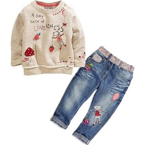 2pcs kids baby Girls Clothe Set Long Sleeve Cute Tops+Jeans Denim Pants Set Outfits Spring Autumn Clothing Girls Set 2-7 Years