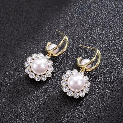 Dorado Elegant High Quality Round Simulated Pearl Drop Earrings Flower Crystal Brincos For Women Party Wedding Fashion Jewelry