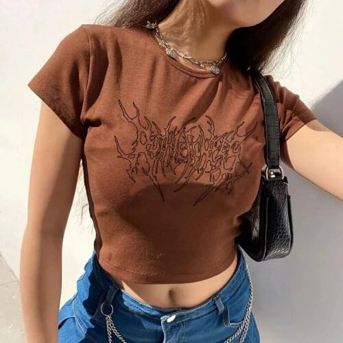 Womens Tops Brown Retro Letter T-shirt y2k Sexy Slim Womens T-shirt Harajuku Crew Neck Cotton Short T-shirt Hip Hop Streetwear