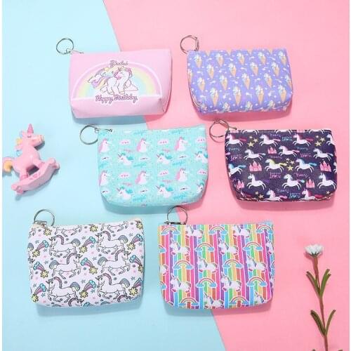 Women Girl Unicorn Printing Mini Portable Bags Fashion PU Coin Purse Card Holder Wallet Key Zipper Pouch Make up Cartoon Bag