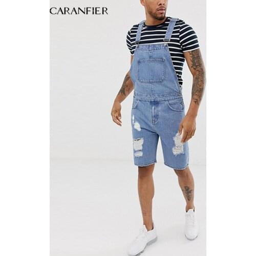 CARANFIER 2019 Summer Men Blue Black Short Jeans Overalls Fashion Ripped jeans jumpsuit shorts Men Trend Denim Suspender Pants