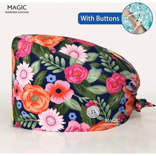 100%cotton Pet Hospital Nursing Cap Surgical Hats Unisex Medical Caps Cartoon Printing Pharmacy Dentist Working Caps with Button