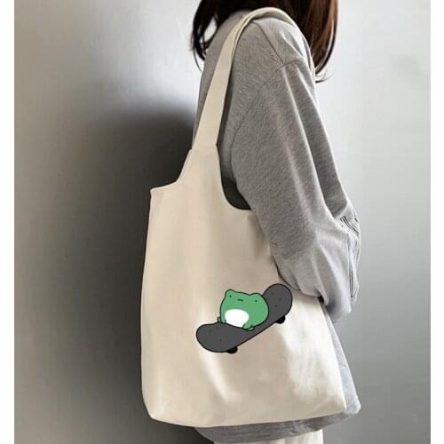 Cute Shoulder Bags for Women Shopping Canvas Tote Bags Frog Anime Art Large Capacity Korean Ulzzang Painting Handbags Unisex