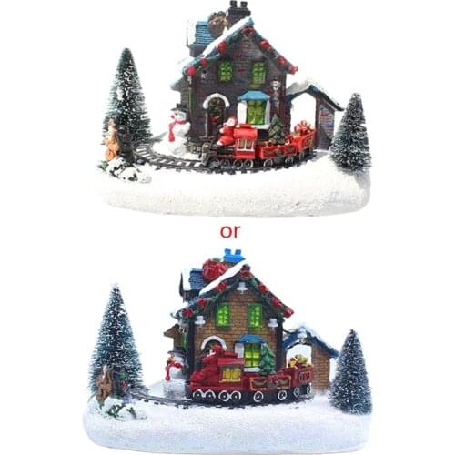 Creative Color LED Lights Christmas Small Train Village House Luminous Landscape Snow Figurines Resin Desktop Ornament