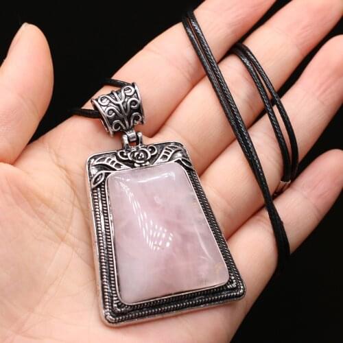 Vintage Natural Stone Necklace Trapezoid Tiger Eye Antique Silver Alloy Base Crystal Necklace Jewelry for Women Gift