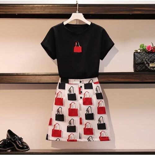 2021 Summer Women Fashion T-shirt + Girls Unique Print A Line Skirt 2 pcs set Female Casual suits A1741
