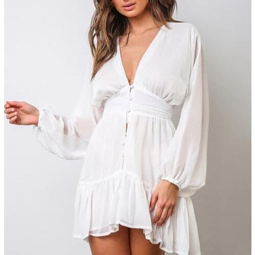 Women Sweet Drees Kawaii Girl Deep V Chiffon Drees Solid Color Elegant Retro Lady Drees Long Sleeve Summer Robes 2021 #T1G
