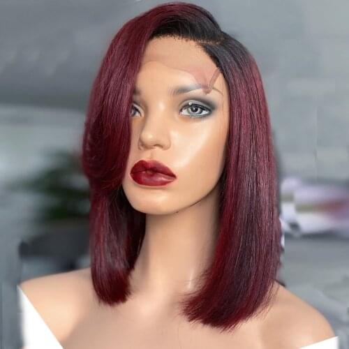 Dark Wine Short Cut Bob Ombre 99j Silky Straight Lace Front Wig For Women Human Remy Hair With Baby Hair Preplucked Brazilian