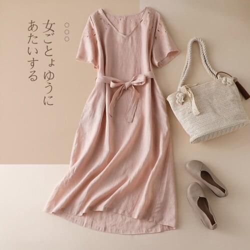 6875 ramie temperament close waist 2020 summer short sleeve dress womens literature and art embroidery V-neck hollow out cotton