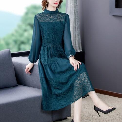 Floral Embroidery Lace Long Sleeve Midi Dress 2021 Spring Casual Vintage 5XL Plus Size Dress Elegant Women Bodycon Party Vestido