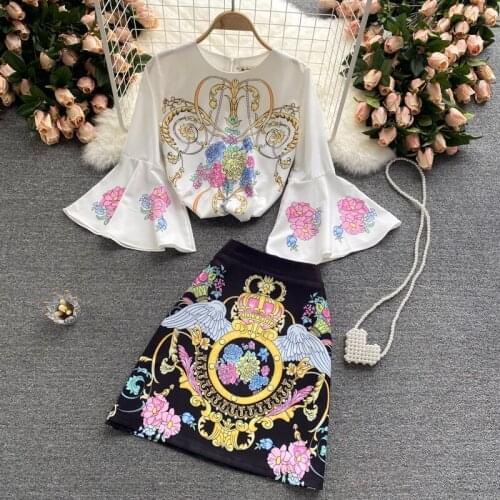 Womens Spring Summer Runway Fashion Flare Sleeve Print 2 pcs Dress Female Chic Travel Vintage Party Dress TB963