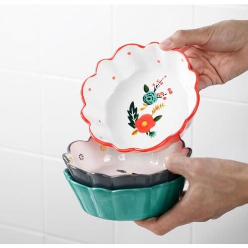 1PC Underglaze Flower Petal Bowl Ceramic Tableware Household Fruit Salad Rice Bowls Kitchen Tableware