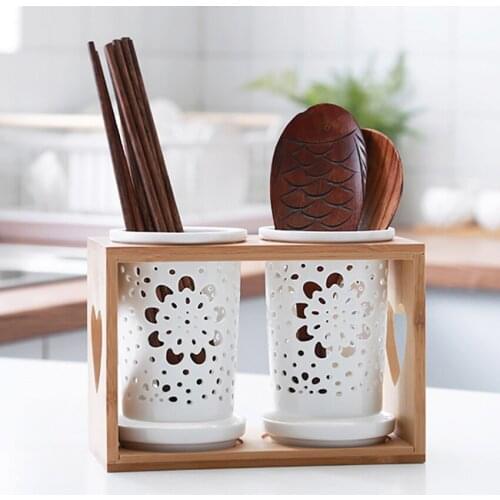 2pcs/set Ceramic Chopsticks Storage Rack Shovel Spoon Knife Fork Storage Box Wood Drain Holder Kitchen Utensils Organizer
