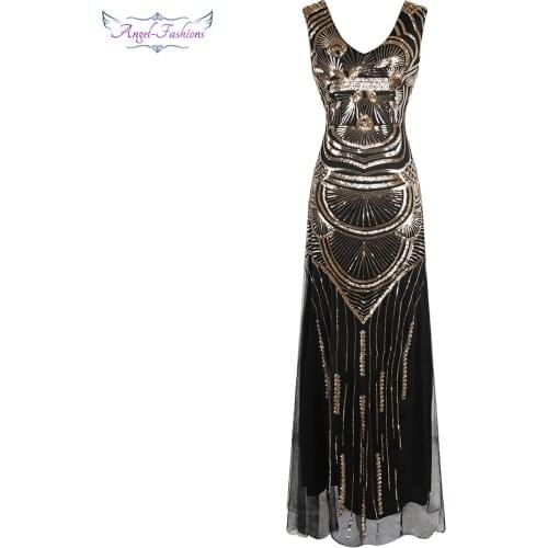 Angel-fashions Womens Prom Gown Flapper V Neck Pattern Golden Sequin Lace Up Long Vintage Evening Dresses 483