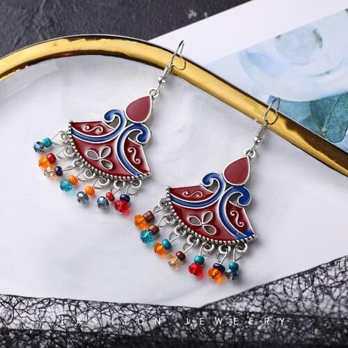 Bohemia Vintage Earrings 2020 Women Fashion Enamel Fan Shaped Flower Bead Tassel Earrings Ethnic Jewelry