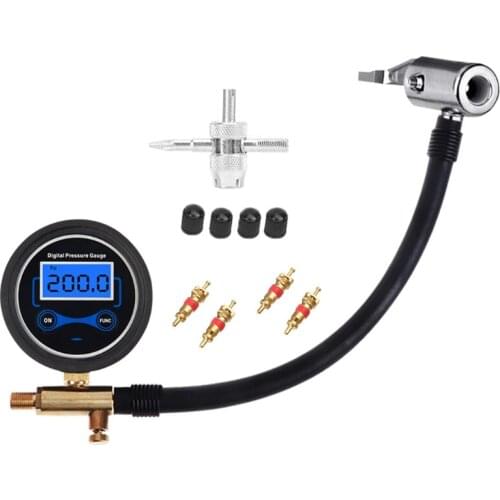 200PSI LCD Display Car Bike Tyre Air Pressure Gauge Tire Inflator with Extension Tube Adapter Press handle Air Gauge