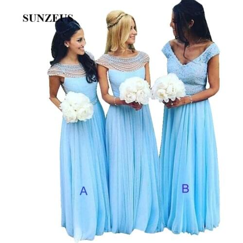 Beaded Neckline Cap Sleeve Long Blue Bridesmaid Dresses Custom-made A-line Tulle Wedding Party Gowns For Women