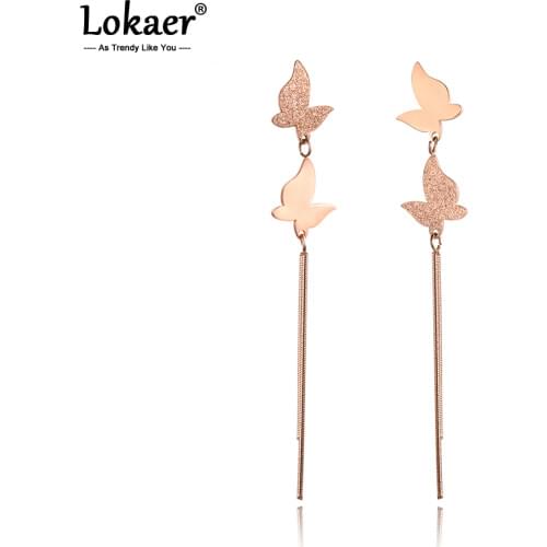Lokaer Glossy And Matte Butterflies Earrings Asymmetrical Jewelry Stainless Steel Rose Gold Earrings Gift Mothers Day E18103