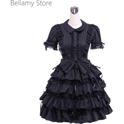 Gothic Lolita Dress Black Bow Multi-layer Cotton Turndown Collar skirt