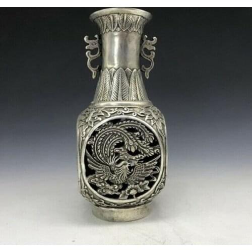 Collect Chinese Tibet silver vase carving phoenixxuande mark