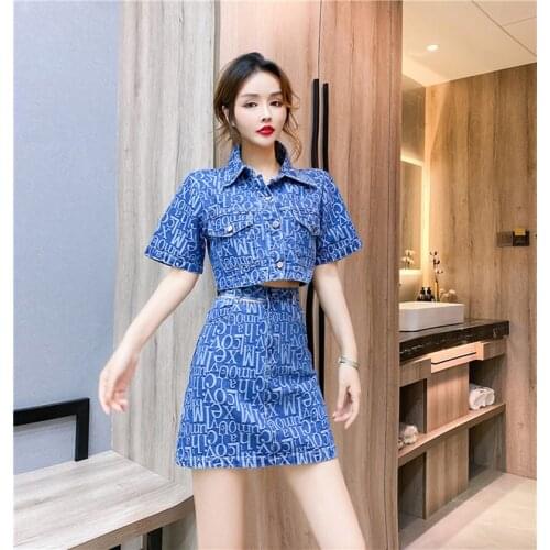 Summer Fashion Women Letter Print Sets Ladies Denim Jacket Coat Crop Top+ Short Skirt Suits Two Piece Womens Clothing Set