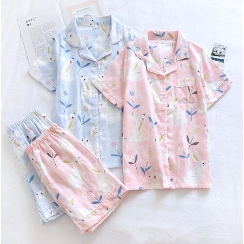Pajamas for Women Summer Cotton Yarn Short-sleeved Shorts Cute Cartoon Two-piece Suit Thin Plus Size Pijamas Conjuntos De Pijama