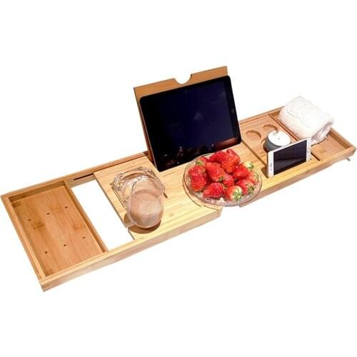 Bathtub Caddy Tray Bamboo Spa Bathtub Caddy Organizer Book Wine Tablet Holder Reading Rack Nonslip Bottom Extendable Sides