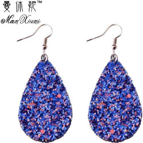 2018 Glitter Sequins Teardrop Leather Earrings for Women Looking Various MultiColors Statement Leather Dangle Earrings Wholesale