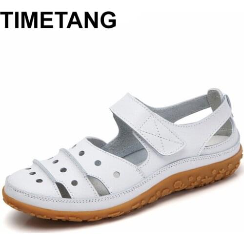 TIMETANGHollow Woman Breathable Sandals Women Beach Shoes Genuine Leather Female Loafers Flats Cut-Outs Female New ArrivalE1105