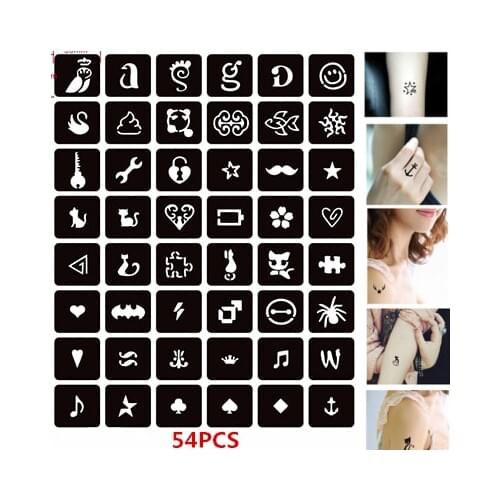 54pcs/set Glitter Tattoo Stencil Cute Cat Mustache Heart Women Girl Drawing Template Airbrush Henna Tattoo Stencils Pochoirs