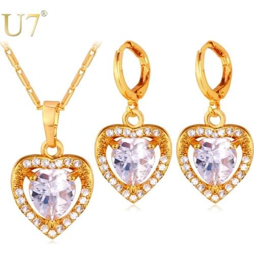 U7 Cubic Zirconia Love Heart Jewelry Set Silver/Gold Color Crystal Earrings Pendant Necklace Set Women Gift Wedding/Party S724