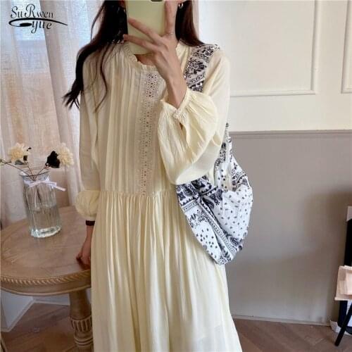 Comfortable Long Sleeves Lace 2021 Hot Early Elegant Autumn Dresses White Hot Sweet Stylish Gentle Loose Solid Vestidoes 14515
