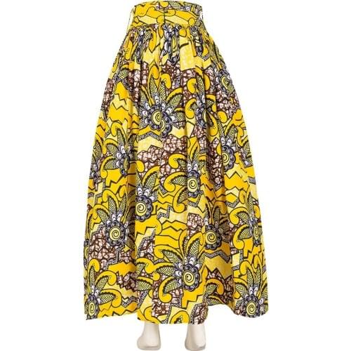 Maxi Skirt For Women African Dashiki For Women Womens Elegant Yellow Print Maxi Cotton Skirt with Belt