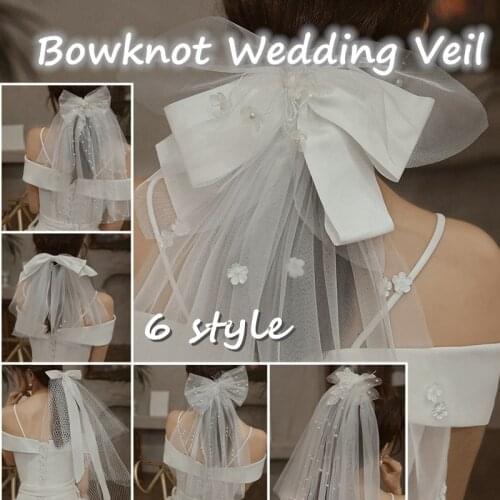 6 Styles Short Bowknot Pearl Bride Marriage Hair Clip Headdress Romantic Mesh Veil Headdress