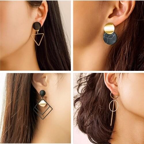 ZWC Trendy Korean Statement Black Acrylic Drop Earrings for Women 2019 Fashion Jewelry Vintage Geometric Round Gold Earring Gift