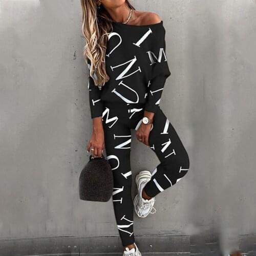 2021 Spring Autumn Casual Outfit Letters Print Long Sleeve Top Spring Women Blouse Pants Tracksuit for Sports 2 pieces sets