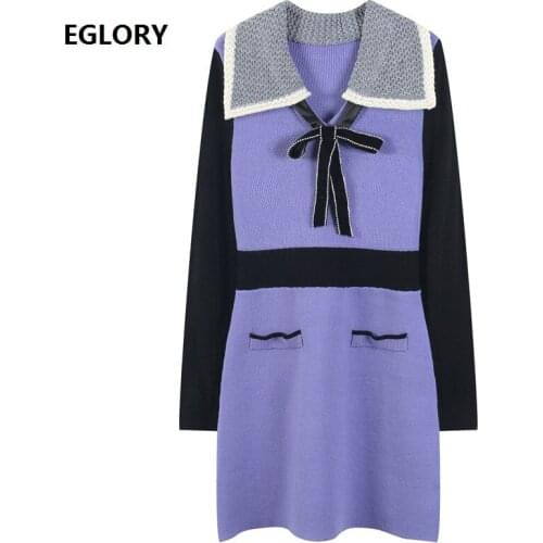 High Quality Sweater Dress 2021 Spring Autumn Knitwear Women Turn-down Collar Bow Deco Long Sleeve Color Block Knitted Dress