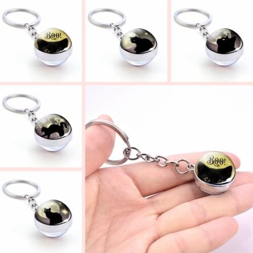 1pc BOO! Halloween Black Cat Glass Ball Keychain Cute Full Moon Cats Glass Cabochon Jewelry Keyring Women Creative Pendant Gifts