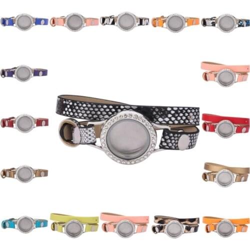 10pcs/lot 25mm Rhinestone Glass Stainless Steel Pendant Locket Leather Wrap Bracelet Adjustable Aromatherapy Perfume Jewelry