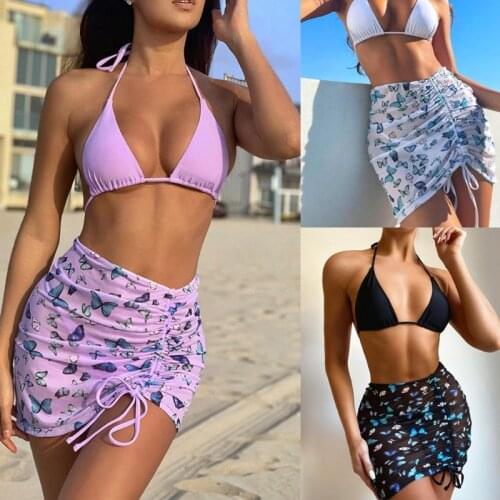 3pcs Women Sexy Bikini Set Halter String Triangle Swimsuit with Butterfly Print Mesh Cover Up Wrap Skirt Bathing Suit