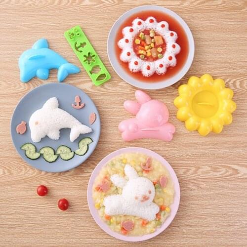 4Pcs/Set Cute Rice Ball Mold Kids Cartoon Rabbit Dolphin Sushi Maker DIY Vegetarian Mold Baby Food Bento Mould Accessories Tools