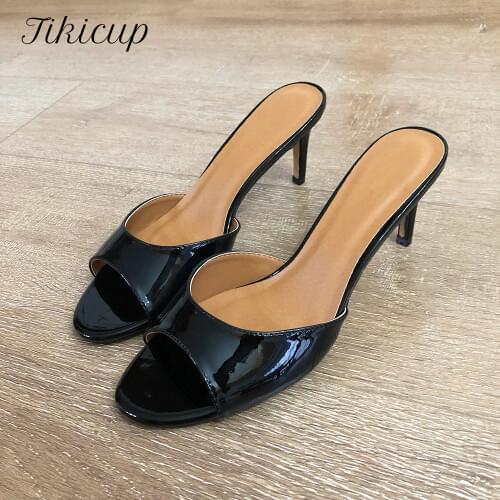 Tikicup Patent Black Women 8 CM High Heel Slide Sandals Summer Ladies Open Peep Toe Mules Shoes Chic Stlilettos Pumps