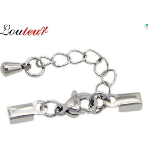 LOULEUR 5sets 3mm Stainless Steel Flat Leather Cord Bracelets Lobster Clasps with Extended Chain Connectors For Jewelry Making