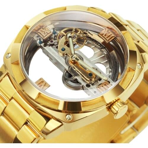 Forsining Gold Men Watch Mechanical Luxury Transparent Skeleton Watches Mens Automatic Golden Bridge Steel Strap Clock relogio