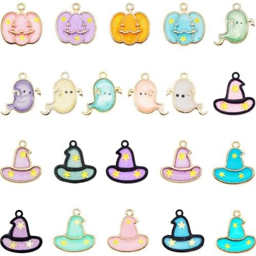 Julie Wang 10PCS Enamel Halloween Charms Random Mixed Ghost Pumpkin Hat Alloy Pendant Jewelry Making Accessory