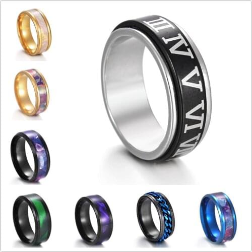 Fine Jewelry 8MM Inlaid Shell Beveled Roman Mumerals Stainless Steel Ring Link Chain Women Men Wedding Rings US Size 7-11