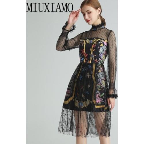MIUXIMAO 2021 Spring Summer Diamonds Starfish Print Lace Trumpet Sleeve Holiday Slim Elegant Midi Black Dress Women Vestidos